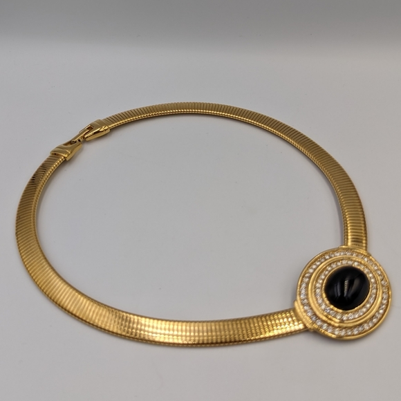 Vintage Gold Tone Snake/Omega Chain Black Lucite Cabachion Rhinestones Necklace - Picture 4 of 12